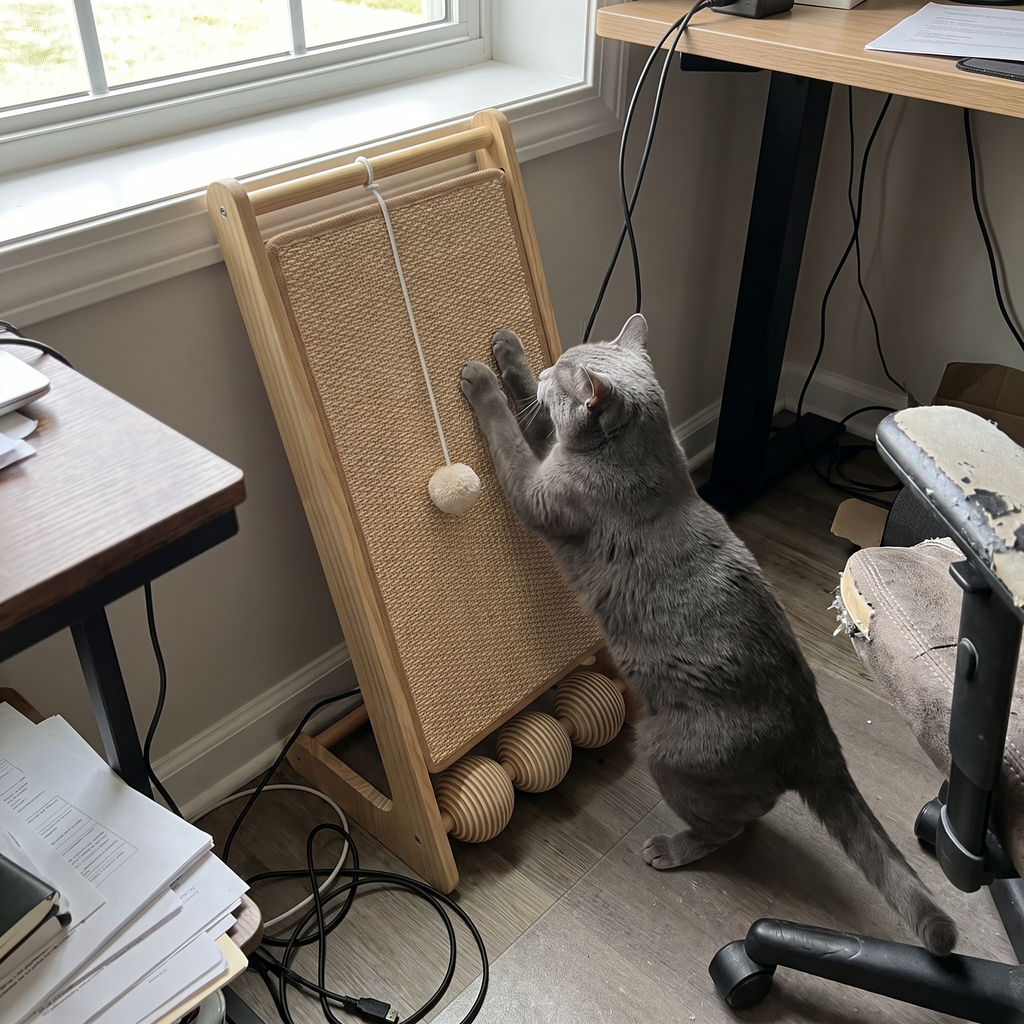 Grey cat scratching the vertical sisal cat scratcher in a home office - wrenwood ugc lifestyle v3