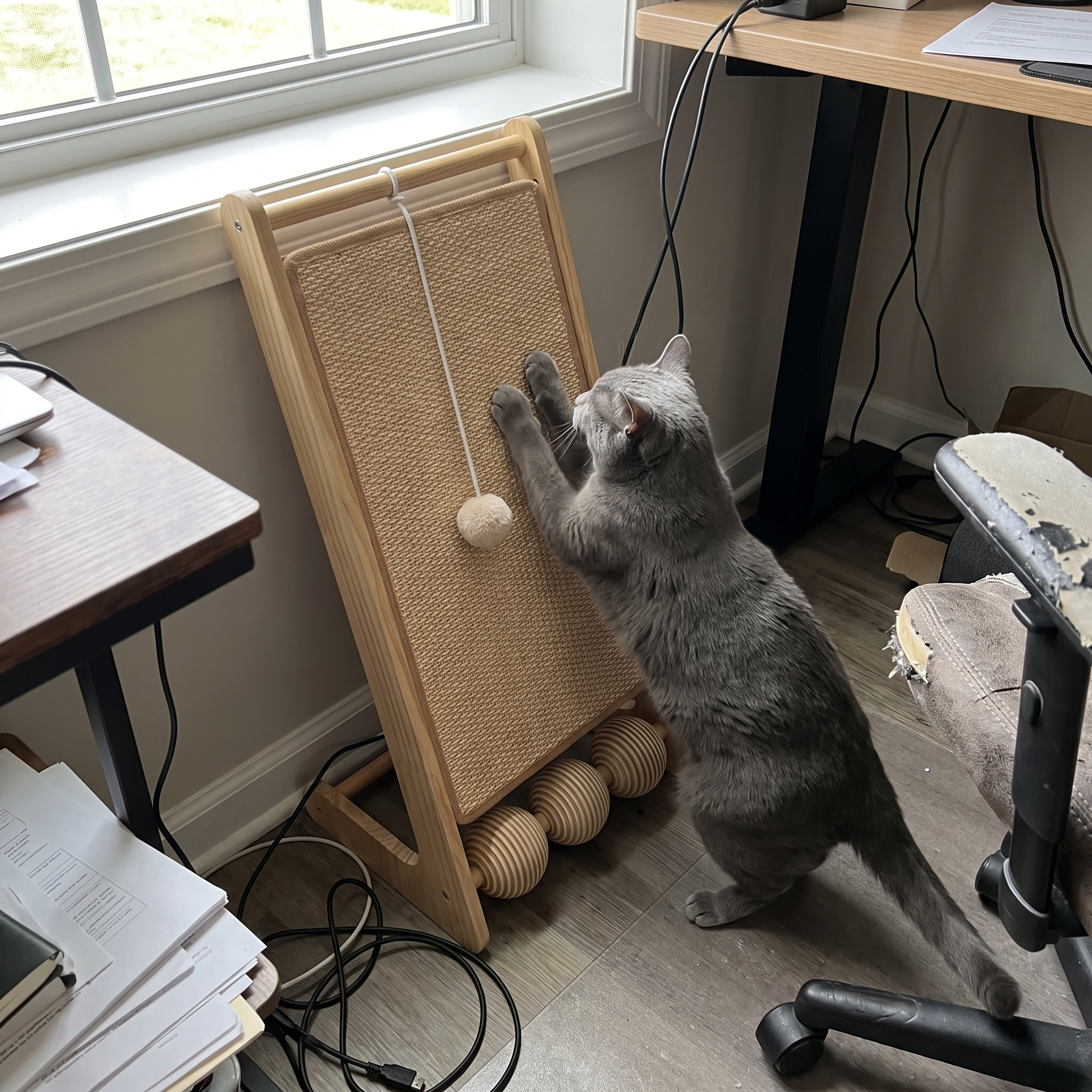 Grey cat scratching the vertical sisal cat scratcher in a home office - wrenwood ugc lifestyle v3