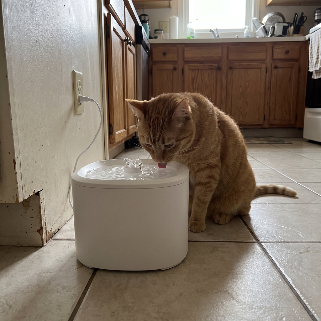 Orange tabby cat drinking from the white motion-sensor pet water fountain in a kitchen corner - wrenwood ugc lifestyle v3