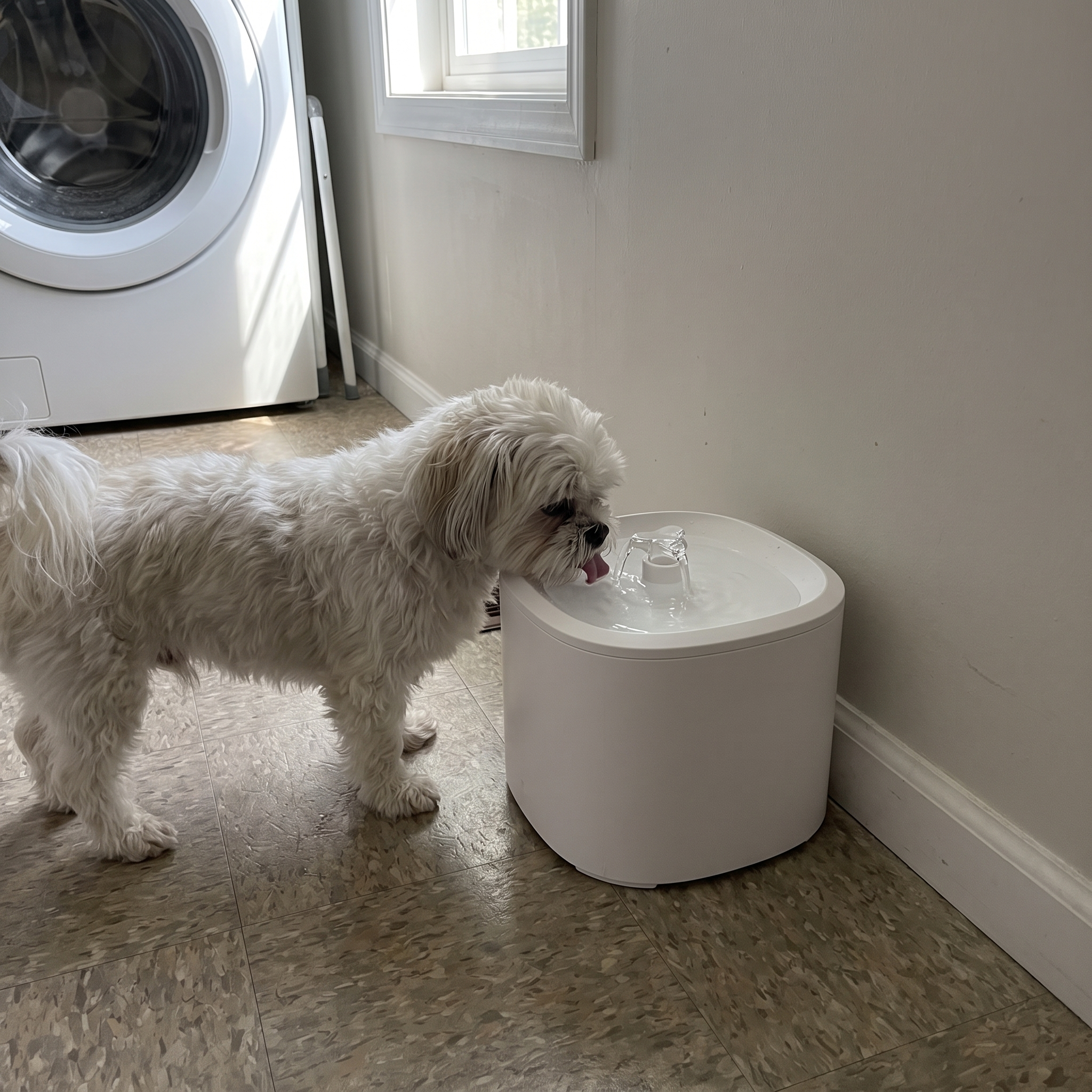 Shih tzu drinking from the white motion-sensor pet water fountain in a laundry room - wrenwood ugc lifestyle v3