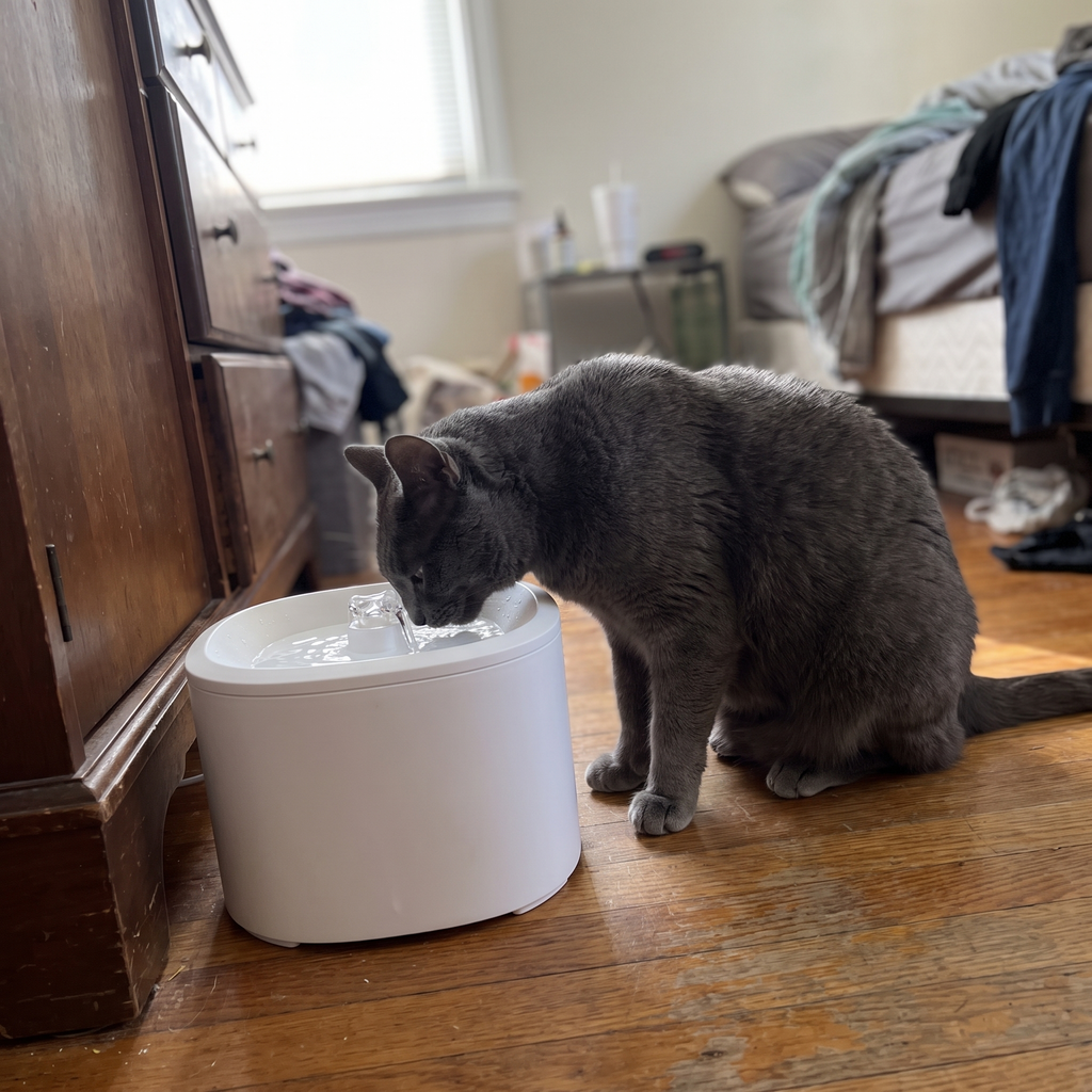 Grey cat drinking from the white motion-sensor pet water fountain in a bedroom - wrenwood ugc lifestyle v3