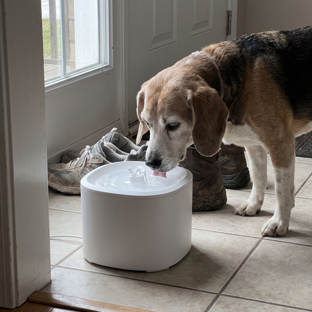 Beagle drinking from the white motion-sensor pet water fountain in a tiled entryway - wrenwood ugc lifestyle v3