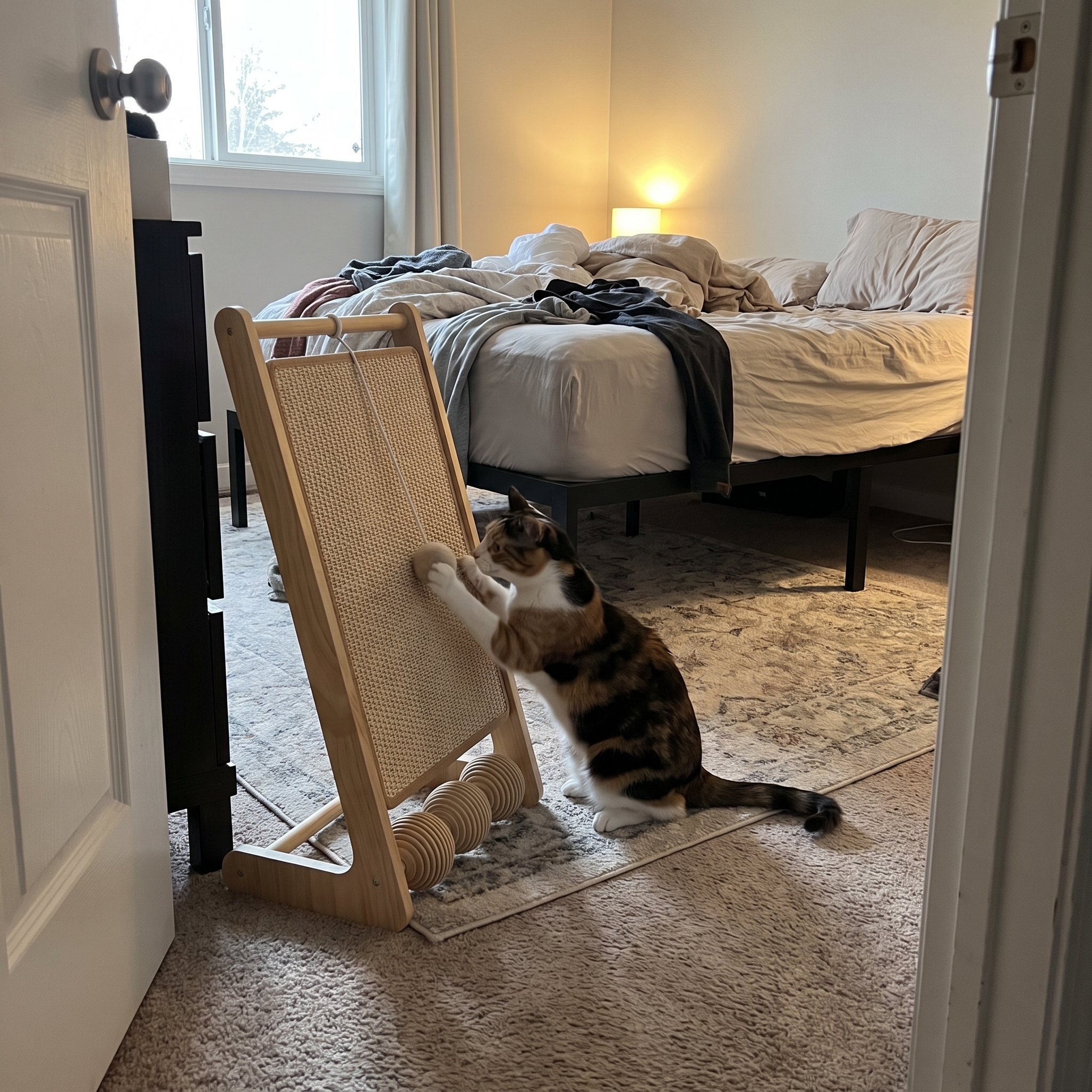 Calico cat playing at the vertical sisal cat scratcher in a bedroom - wrenwood ugc lifestyle v3