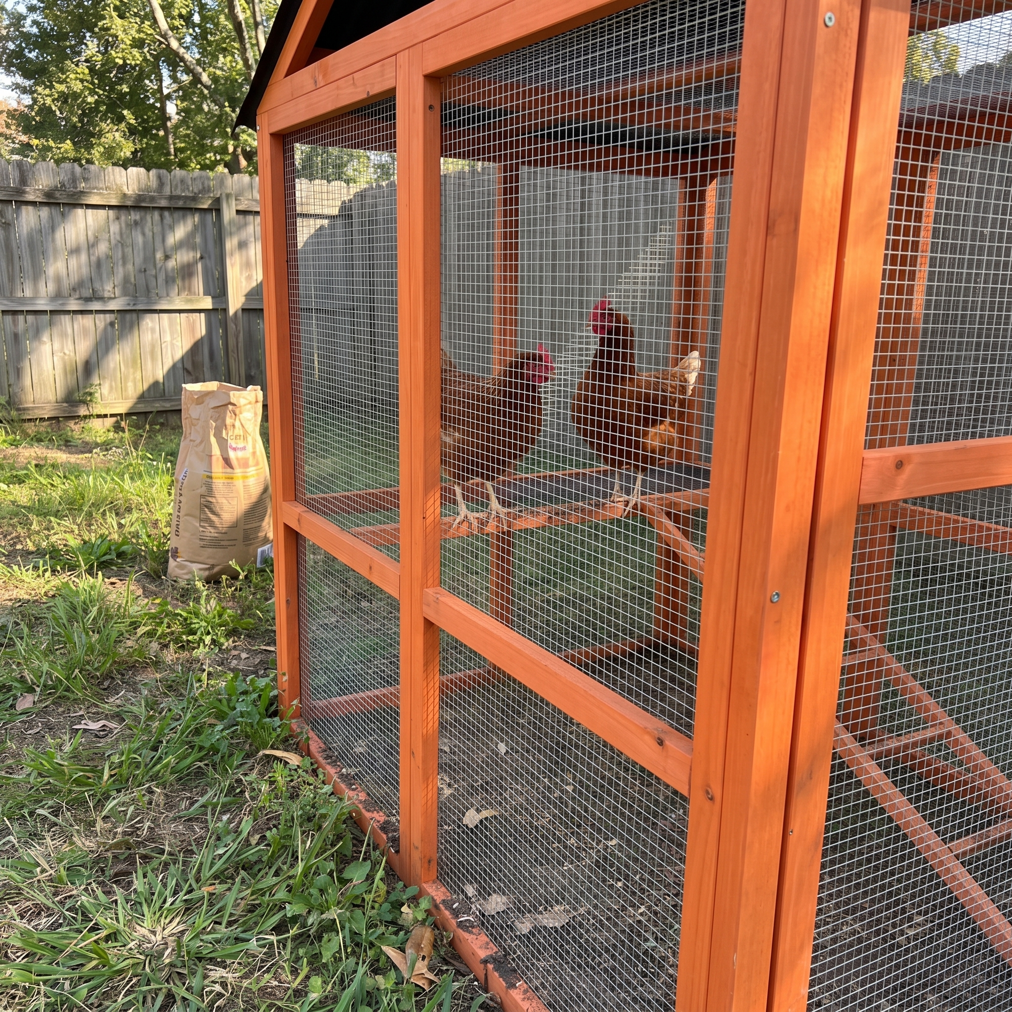 Hens perched inside the walk-in chicken run, close phone shot at the mesh - wrenwood ugc lifestyle v2