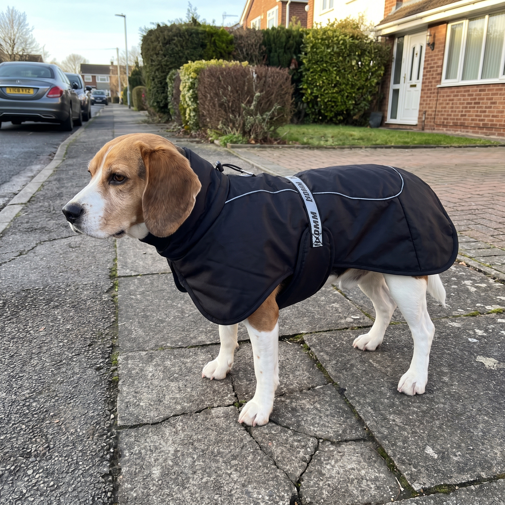 Beagle wearing the black dog cloak coat on a frosty sidewalk - wrenwood ugc lifestyle v2