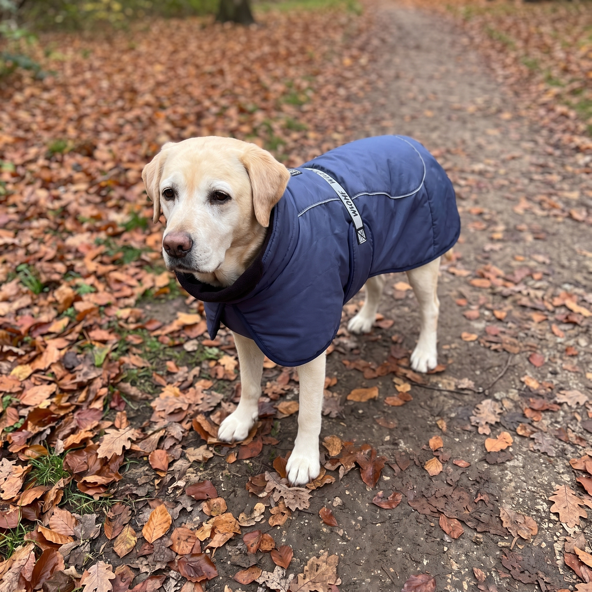 Labrador in the navy blue dog cloak coat on an autumn park path - wrenwood ugc lifestyle v2