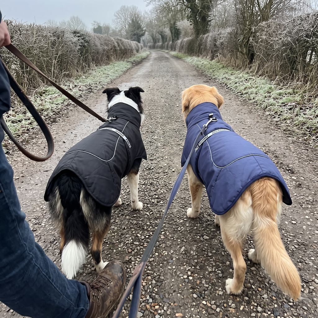 Two dogs in black and navy blue cloak coats on a walk with their owner - wrenwood ugc lifestyle v2