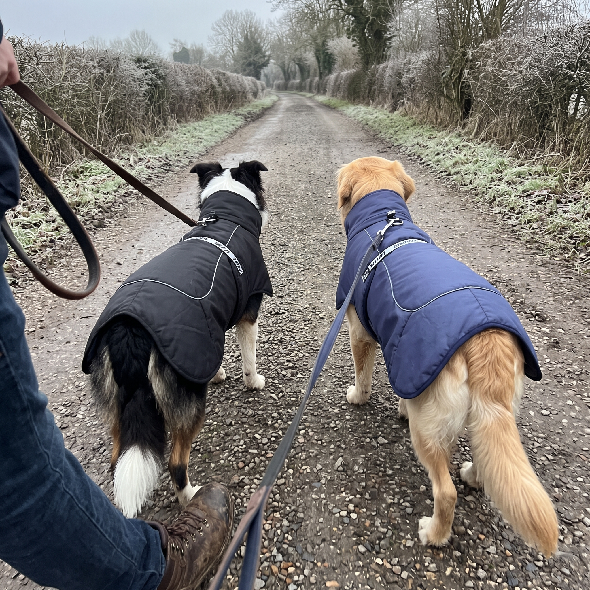 Two dogs in black and navy blue cloak coats on a walk with their owner - wrenwood ugc lifestyle v2