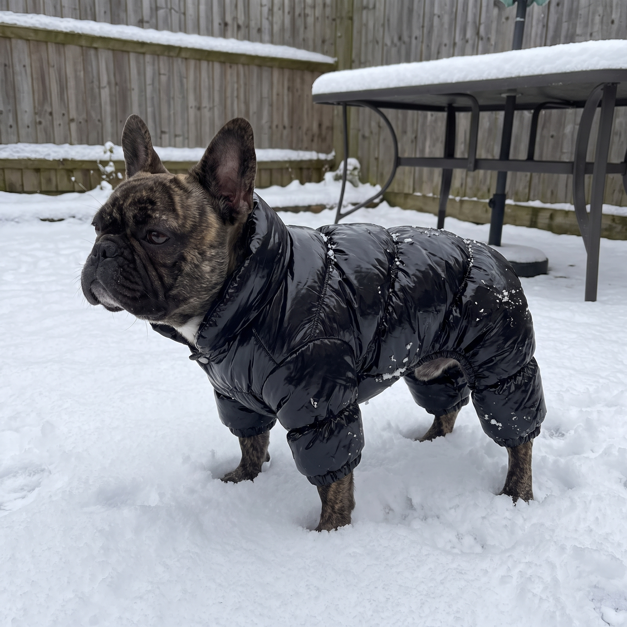 French bulldog in the glossy black down dog jacket in a snowy backyard - wrenwood ugc lifestyle v2