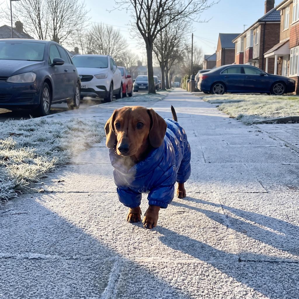 Dachshund in the royal blue down dog jacket on a frosty morning walk - wrenwood ugc lifestyle v2