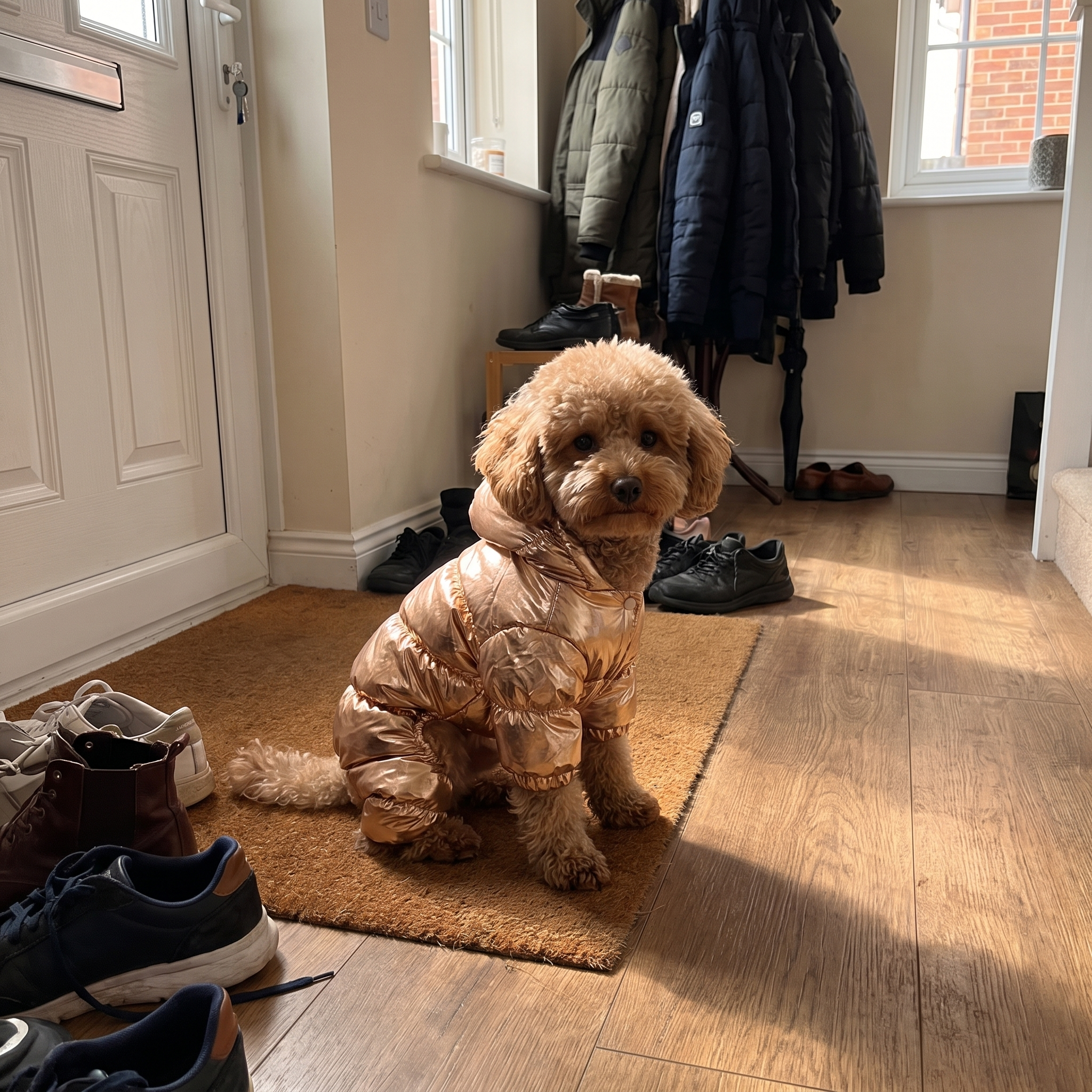 Toy poodle in the champagne gold down dog jacket by the front door - wrenwood ugc lifestyle v2