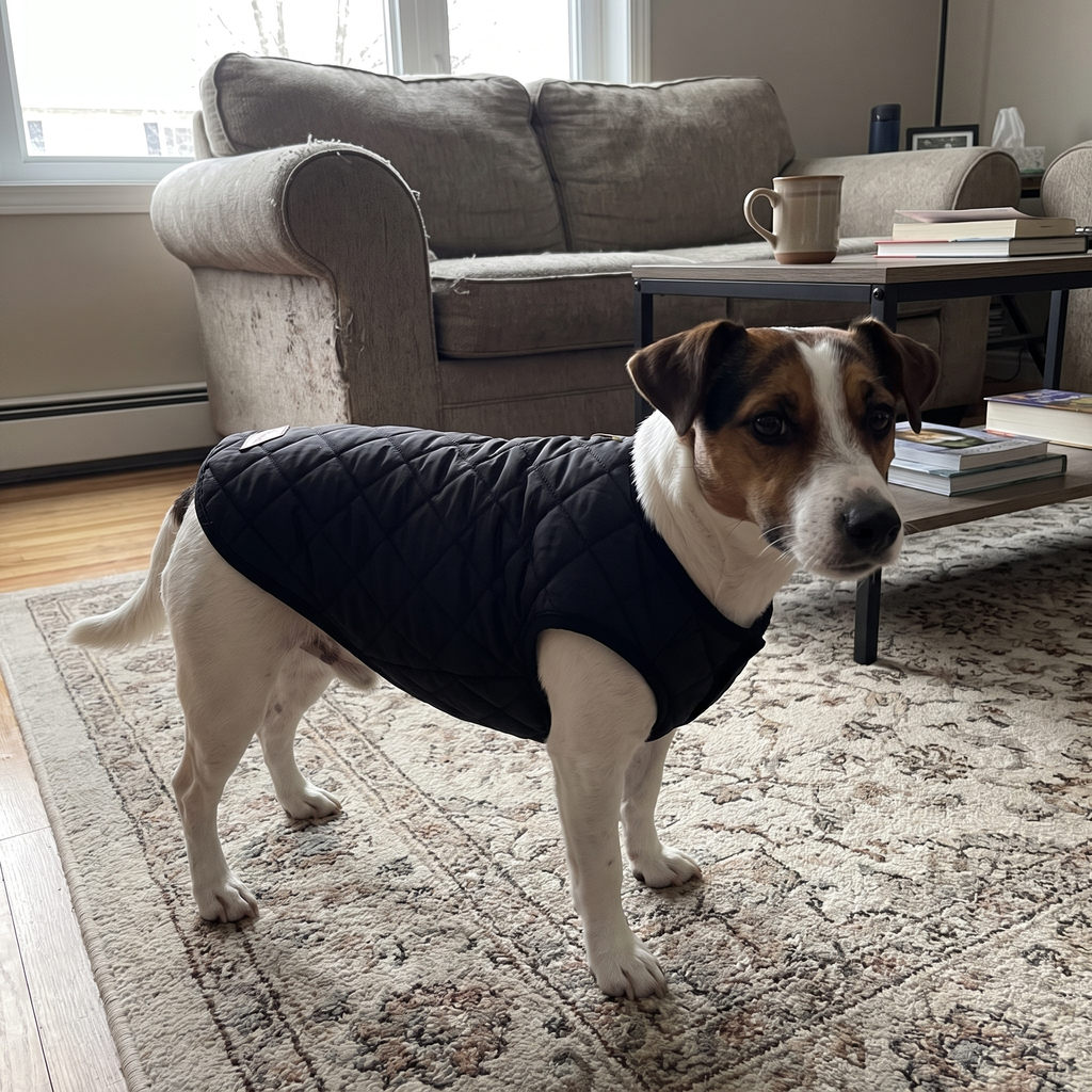 Jack russell in the black quilted padded dog vest in the living room - wrenwood ugc lifestyle v2