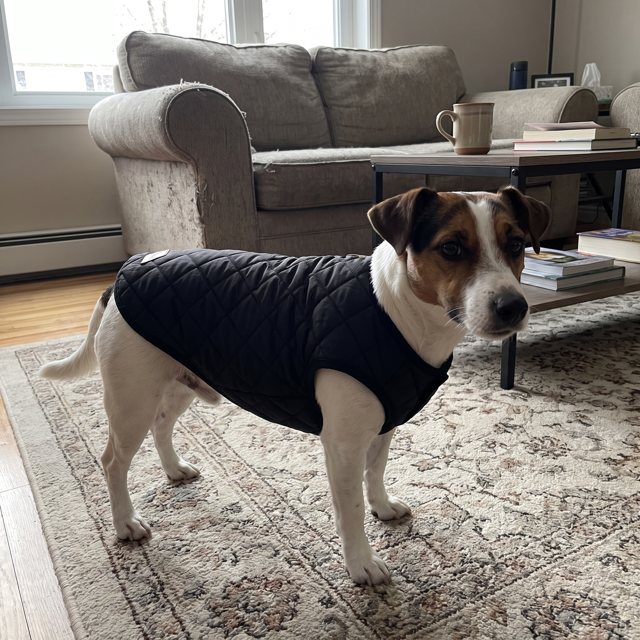 Jack russell in the black quilted padded dog vest in the living room - wrenwood ugc lifestyle v2