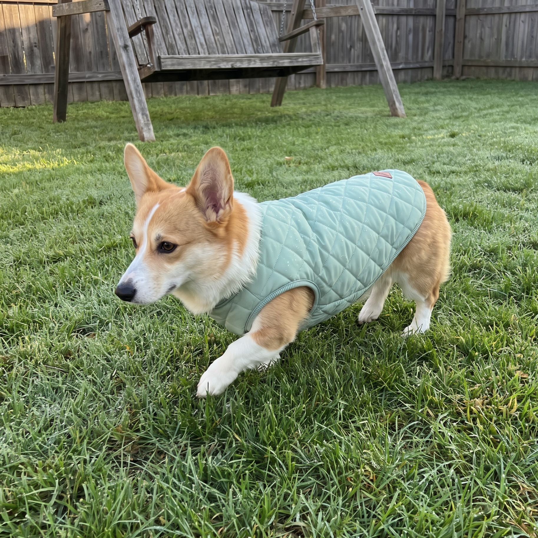 Corgi in the mint green quilted padded dog vest on the backyard lawn - wrenwood ugc lifestyle v2