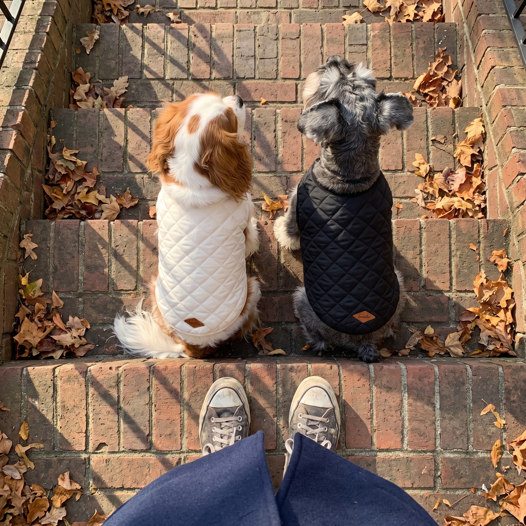 Two dogs in white and black quilted padded vests on the front steps - wrenwood ugc lifestyle v2