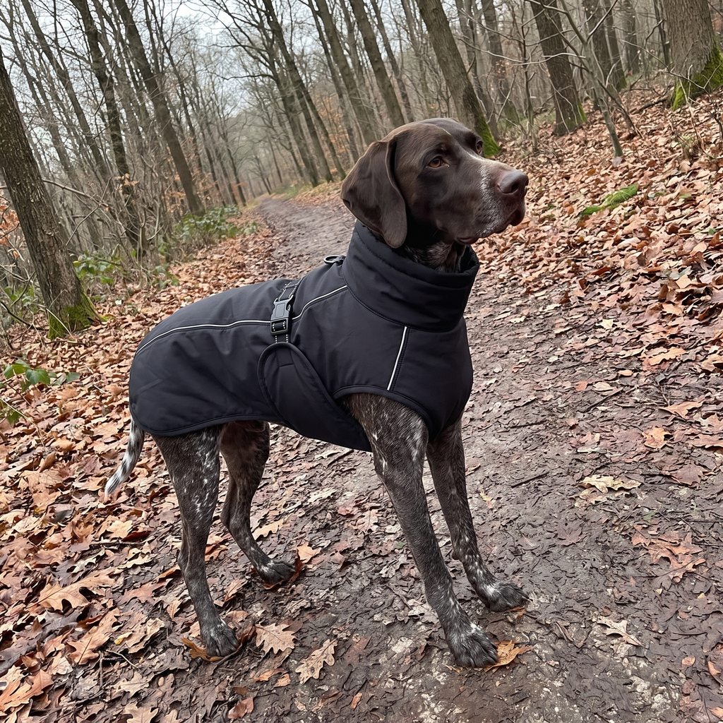 Pointer in the matte black warm winter dog vest on a woodland trail - wrenwood ugc lifestyle v2