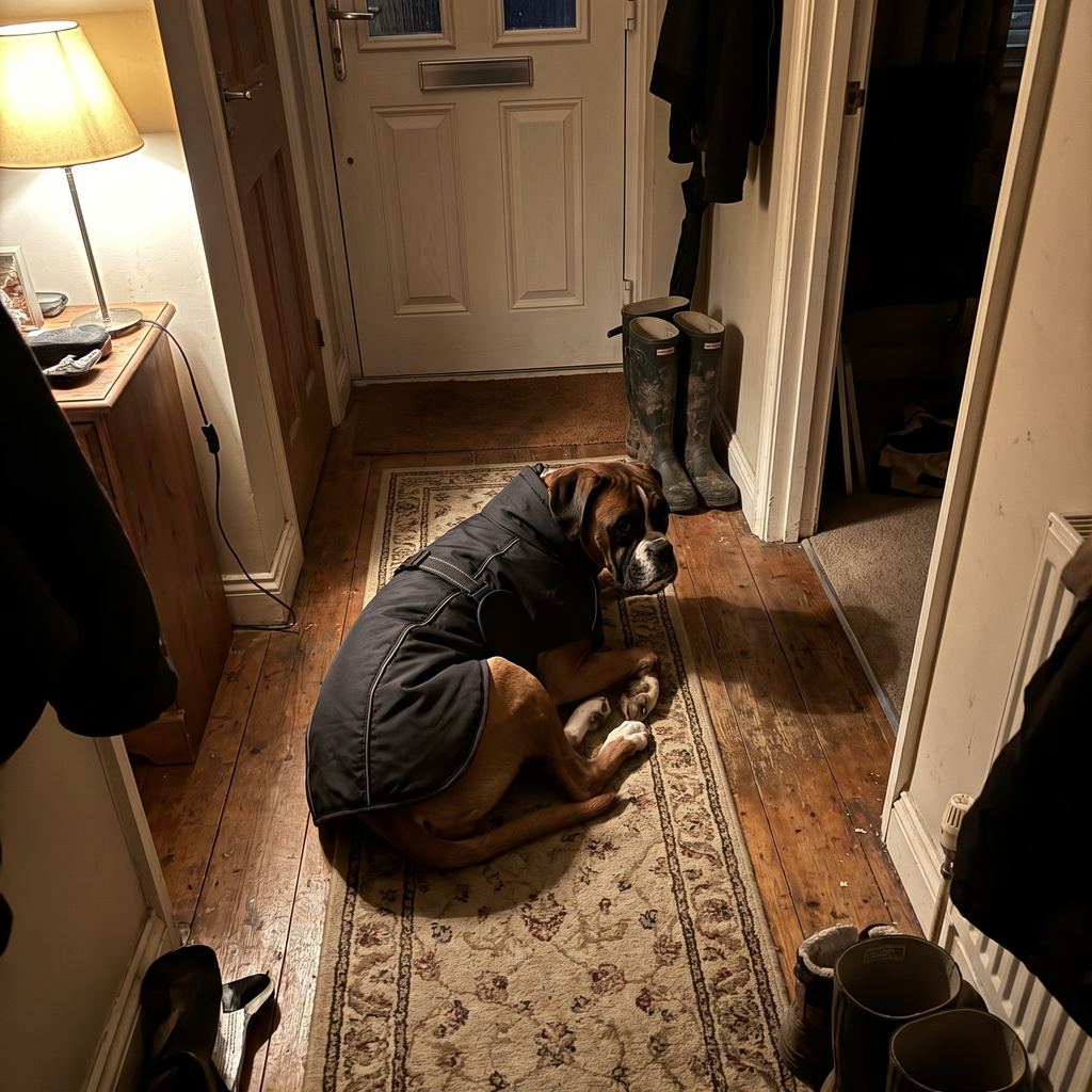 Boxer resting in the matte black warm winter dog vest by the front door - wrenwood ugc lifestyle v2