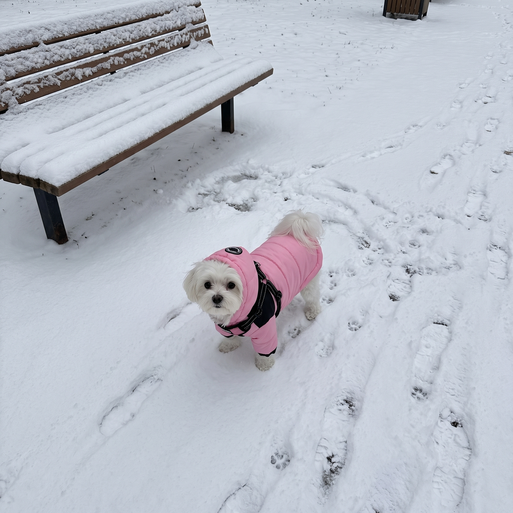 Maltese in the pink hooded winter dog jacket in a snowy park - wrenwood ugc lifestyle v2