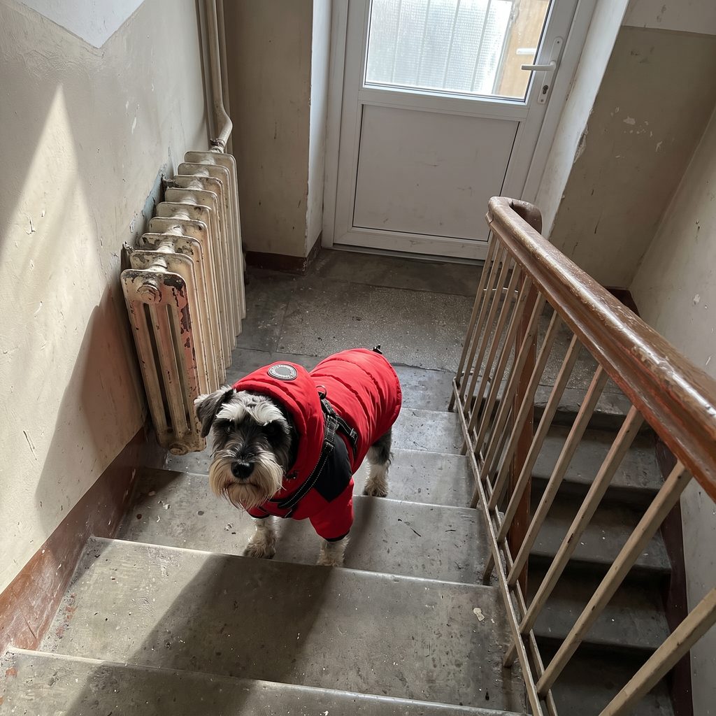 Schnauzer in the red hooded winter dog jacket heading out for a walk - wrenwood ugc lifestyle v2