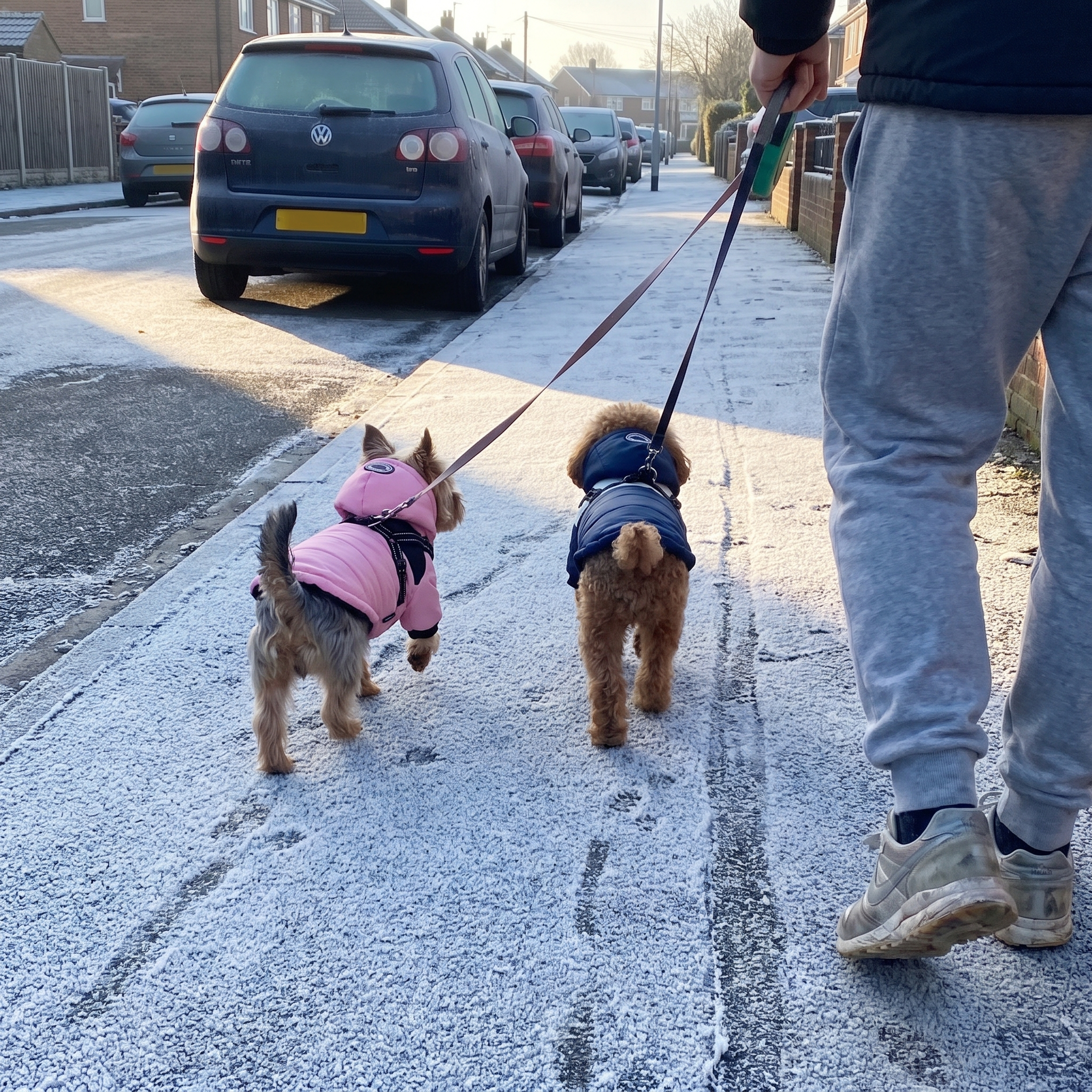 Two small dogs in pink and blue hooded winter jackets on a frosty walk - wrenwood ugc lifestyle v2