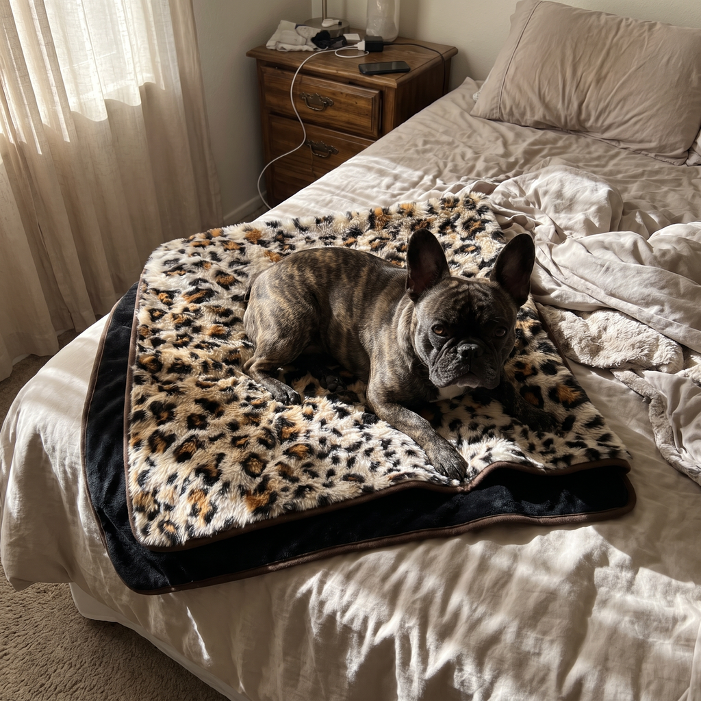 French bulldog on the leopard print plush pet mat at the foot of the bed - wrenwood ugc lifestyle v2