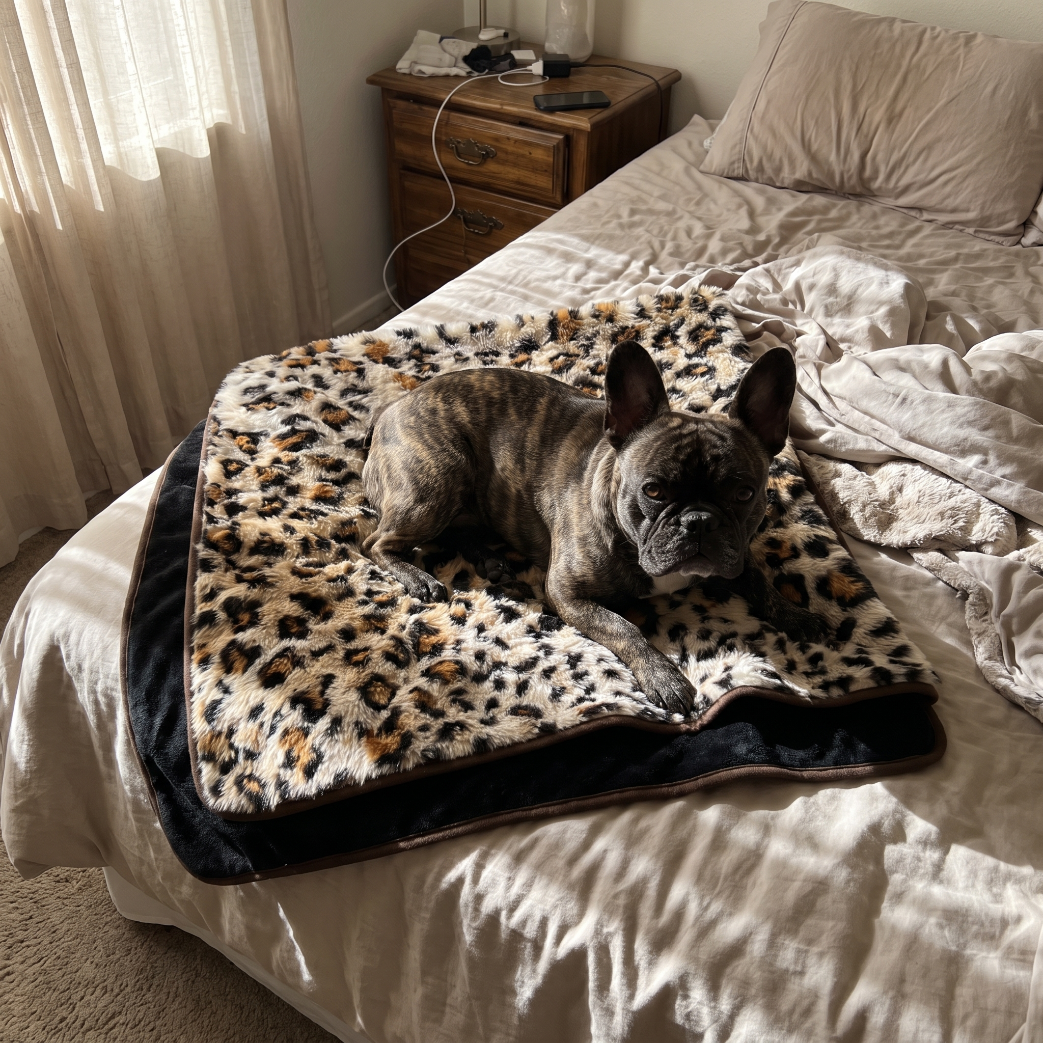 French bulldog on the leopard print plush pet mat at the foot of the bed - wrenwood ugc lifestyle v2