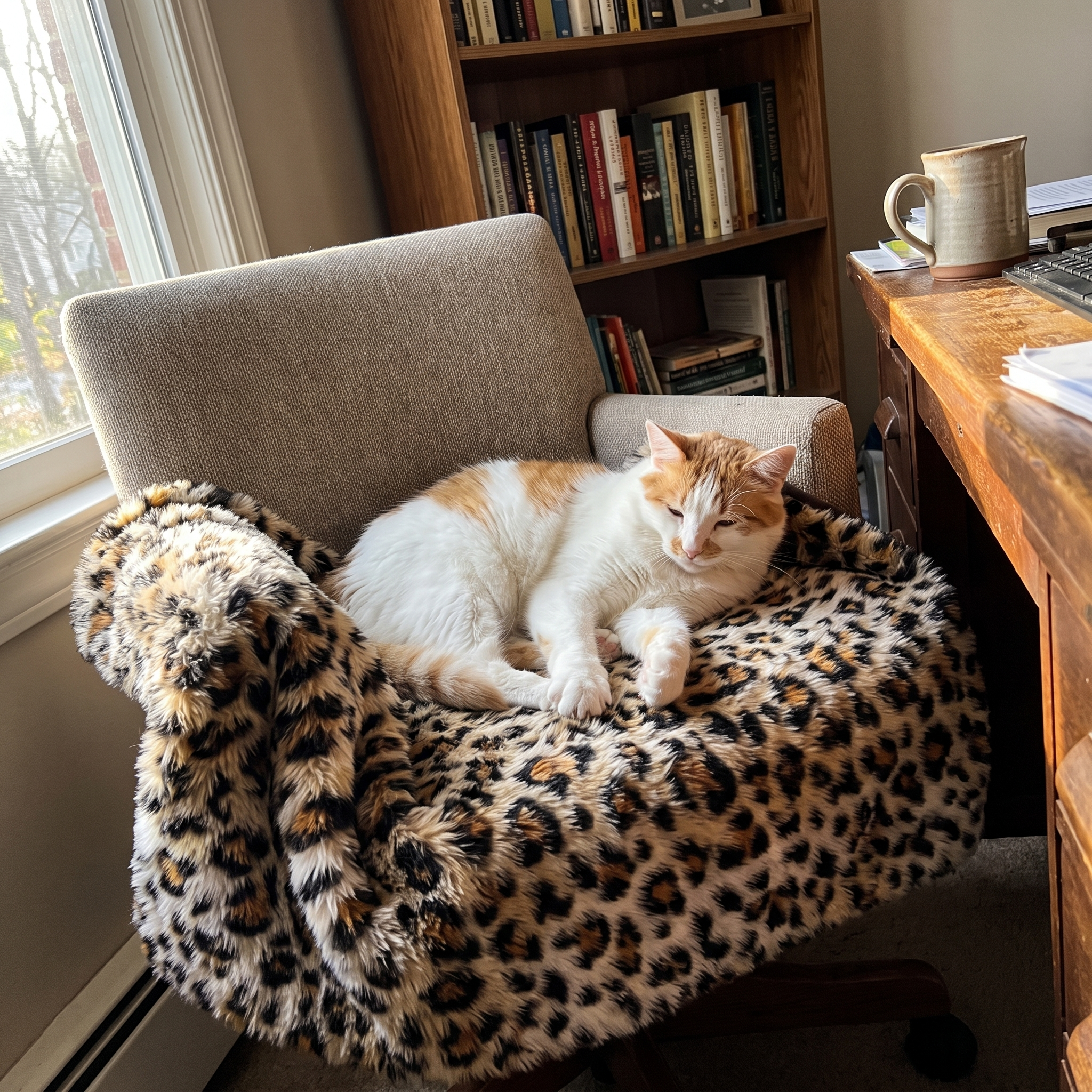 Cat lounging on the leopard print plush pet mat on an armchair - wrenwood ugc lifestyle v2