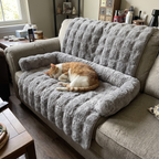Ginger tabby cat asleep on the grey plush thermal pet mat draped over a fabric sofa - wrenwood ugc lifestyle v3