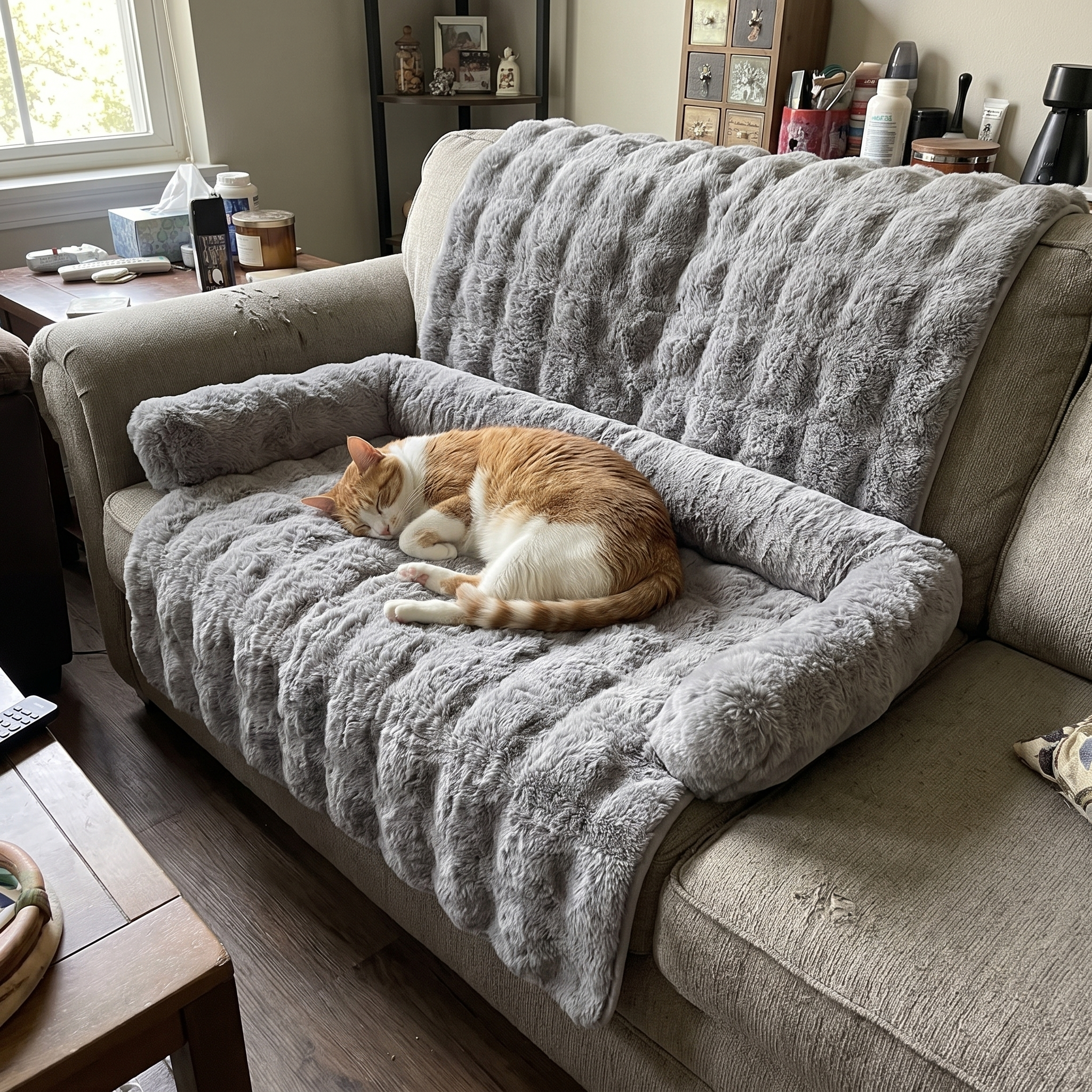 Ginger tabby cat asleep on the grey plush thermal pet mat draped over a fabric sofa - wrenwood ugc lifestyle v3