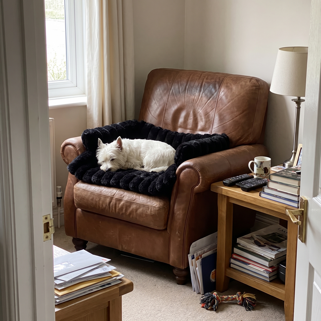 White terrier asleep on the black plush thermal pet mat on a leather armchair - wrenwood ugc lifestyle v3