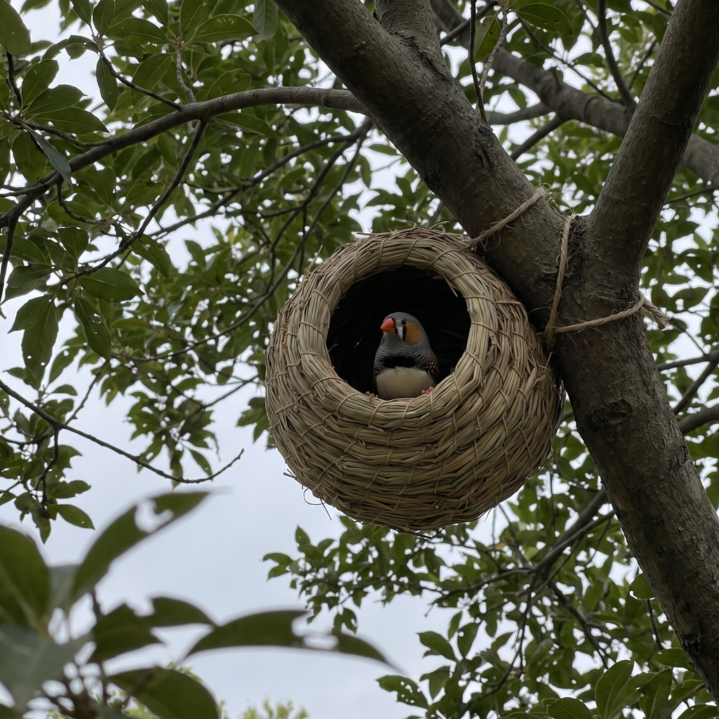 Straw bird nest hut tied into a garden tree branch with a zebra finch at the opening - wrenwood ugc lifestyle v3