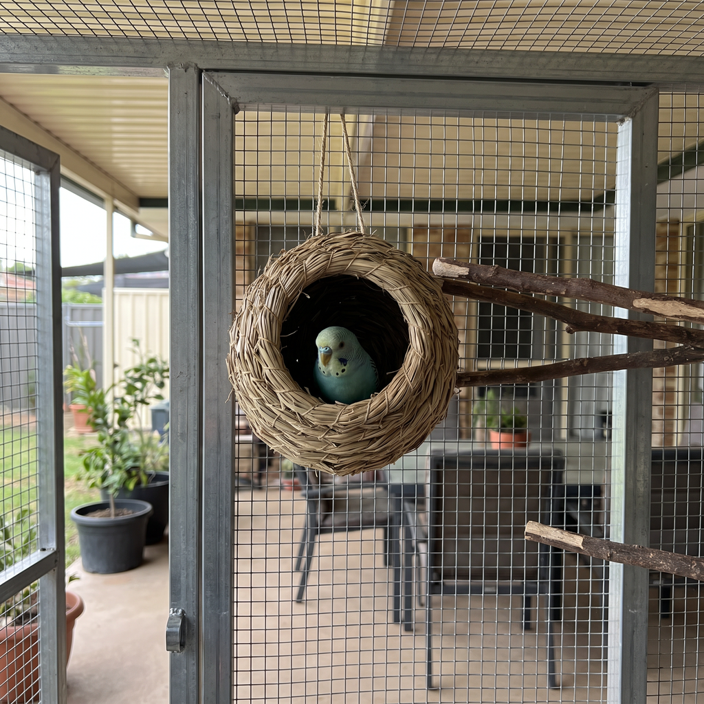 Straw bird nest hut hung in a backyard aviary with a budgie peeking out - wrenwood ugc lifestyle v3