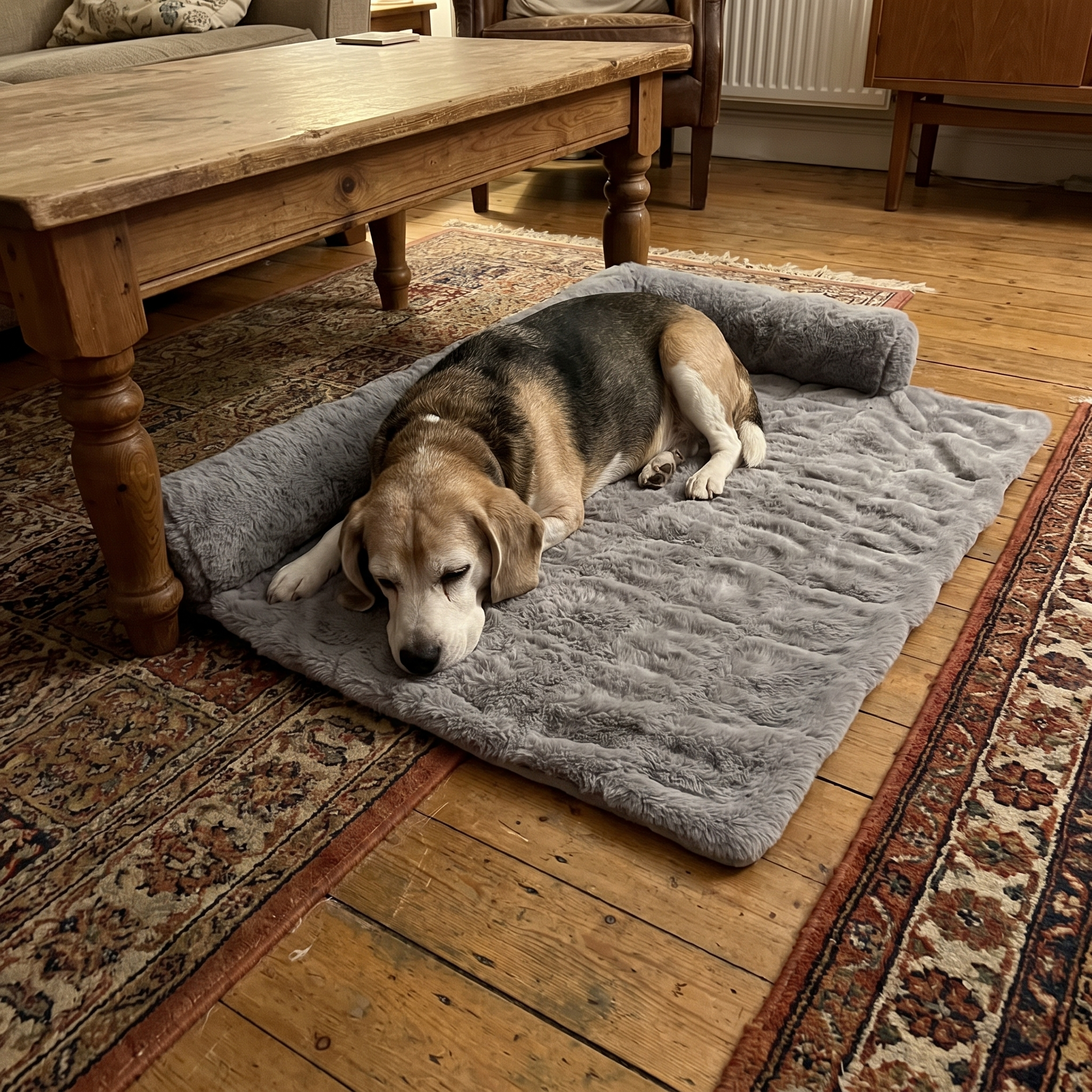 Senior beagle dozing on the grey plush thermal pet mat on a living room rug - wrenwood ugc lifestyle v3