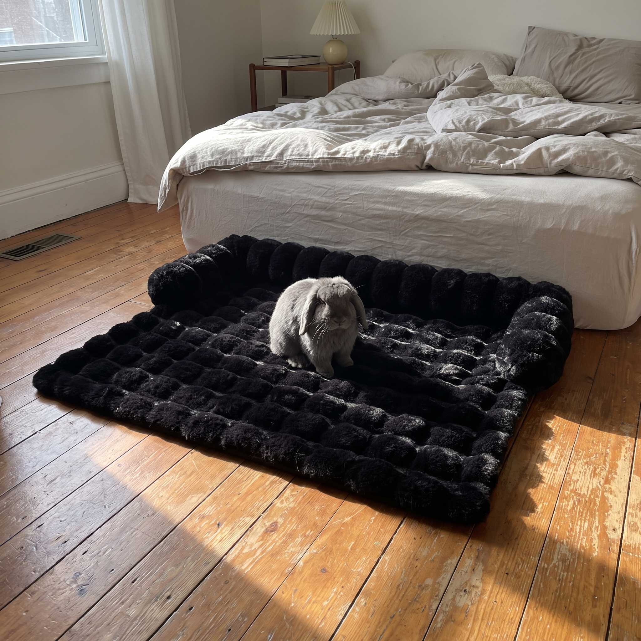 Lop-eared rabbit resting on the black plush thermal pet mat on a bedroom floor - wrenwood ugc lifestyle v3