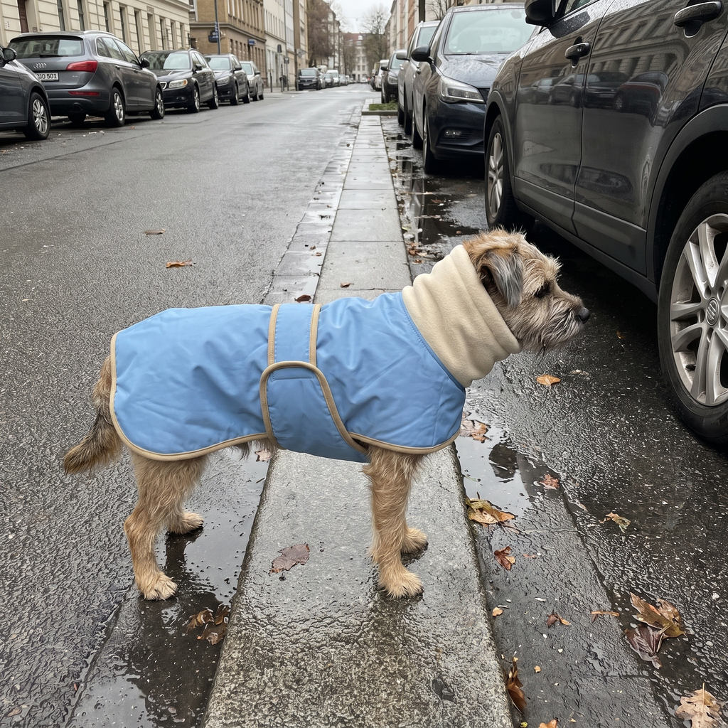 Terrier wearing the blue fleece-lined waterproof dog coat on a city sidewalk - wrenwood ugc lifestyle v3