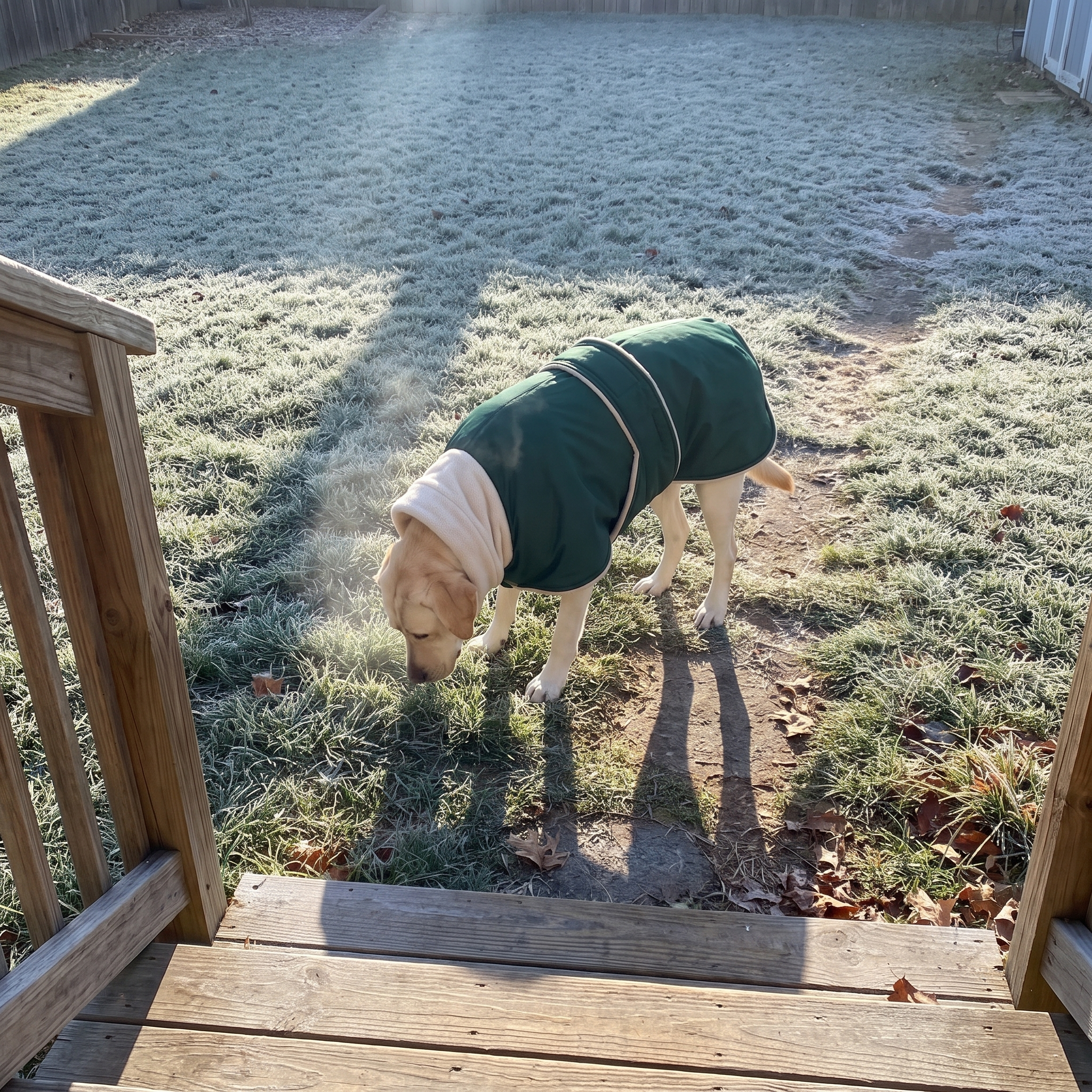 Yellow labrador wearing the green fleece-lined waterproof dog coat in a frosty backyard - wrenwood ugc lifestyle v3