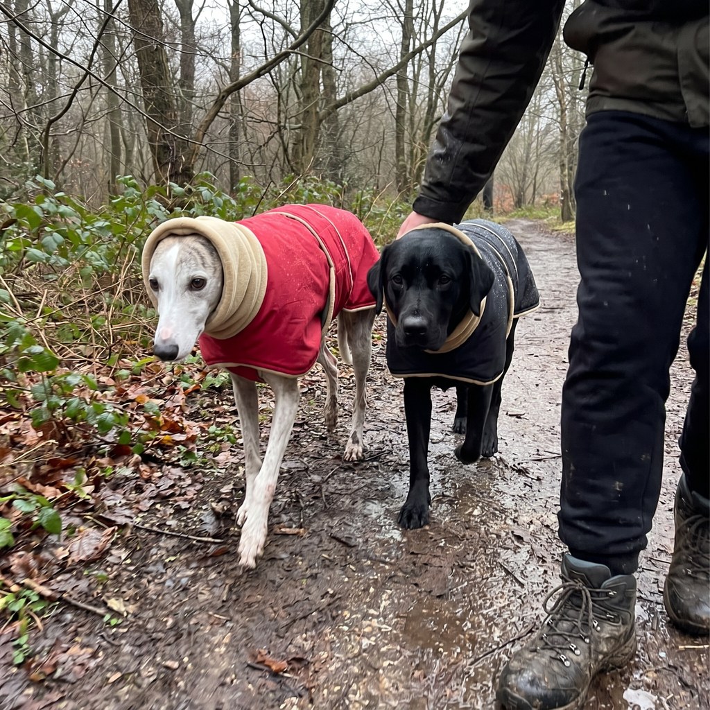 Two dogs wearing the red and black fleece-lined waterproof dog coats on a woodland walk - wrenwood ugc lifestyle v3