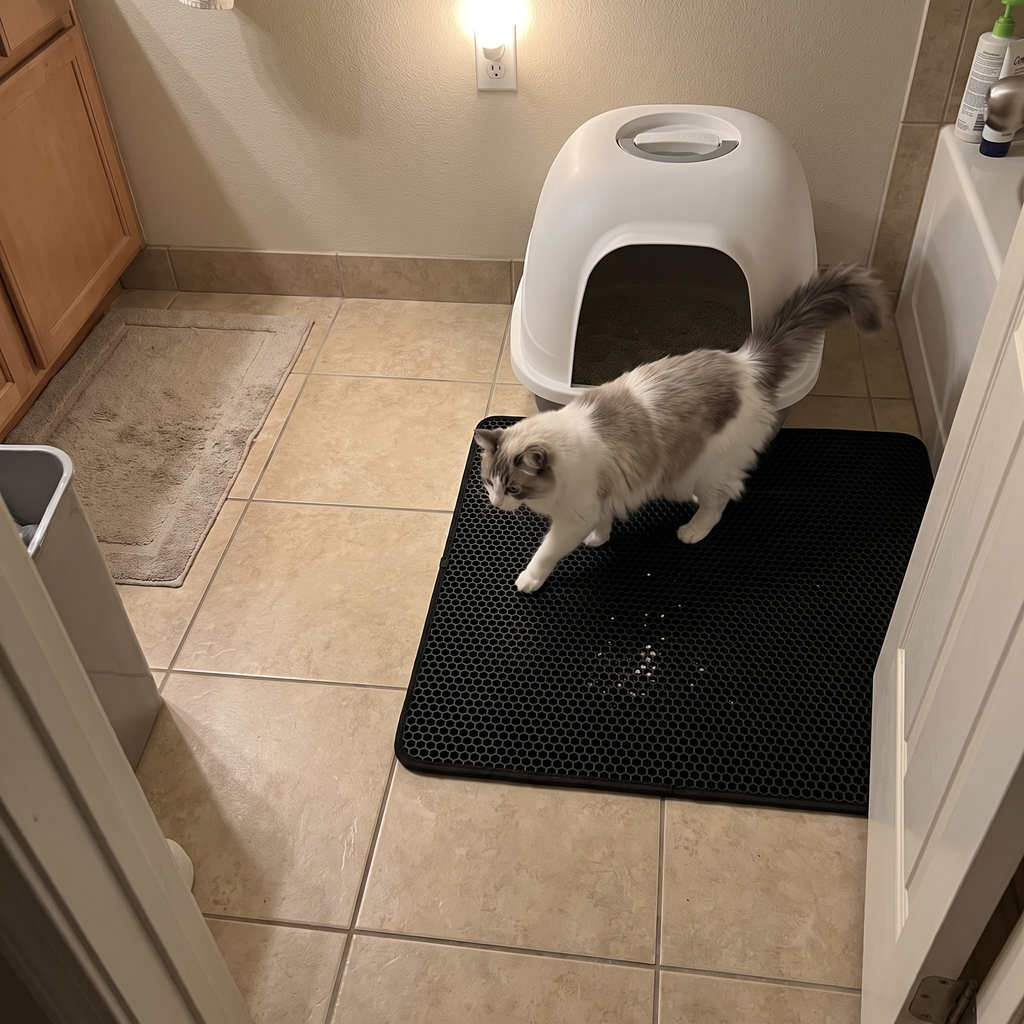 Fluffy cat stepping onto the black honeycomb litter mat beside a covered litter box in a tiled bathroom - wrenwood ugc lifestyle v3