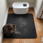 Tabby cat sitting on the black honeycomb litter mat in front of a top-entry litter box - wrenwood ugc lifestyle v3