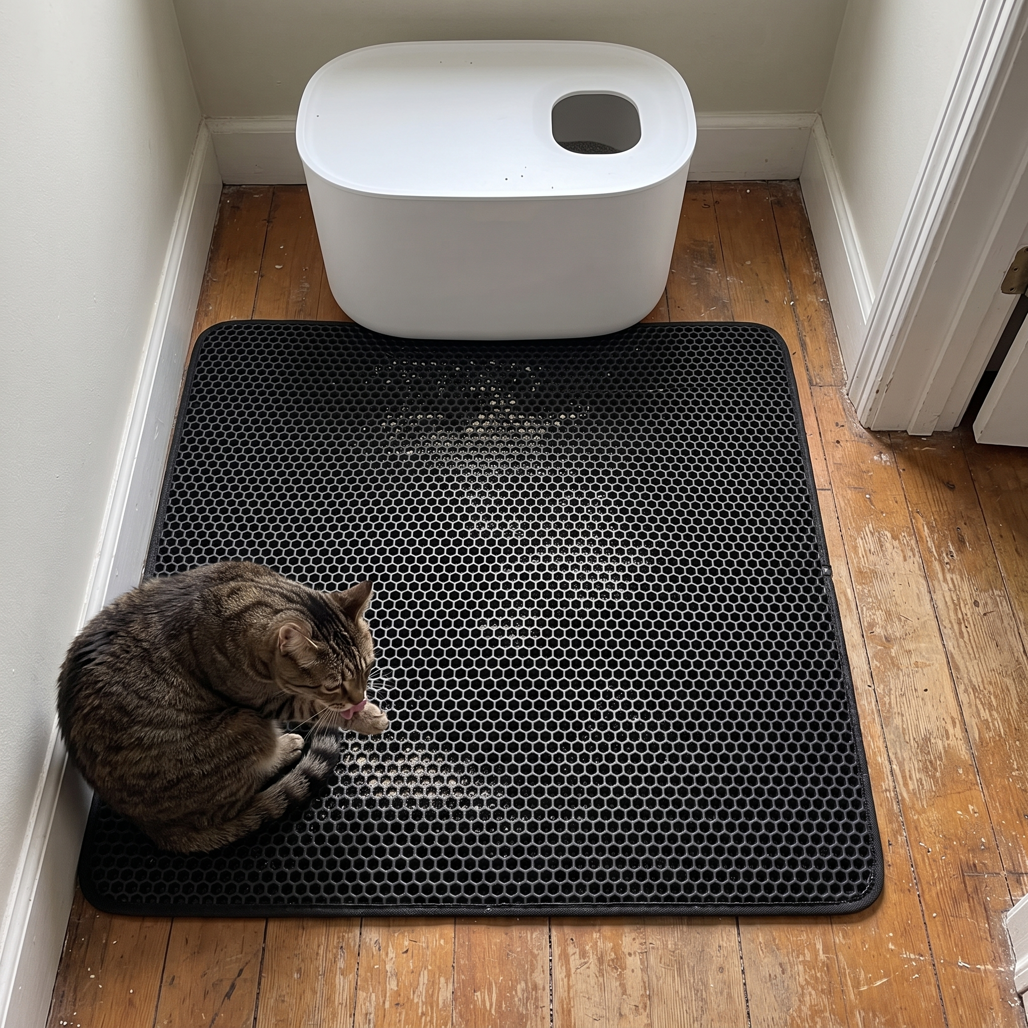 Tabby cat sitting on the black honeycomb litter mat in front of a top-entry litter box - wrenwood ugc lifestyle v3
