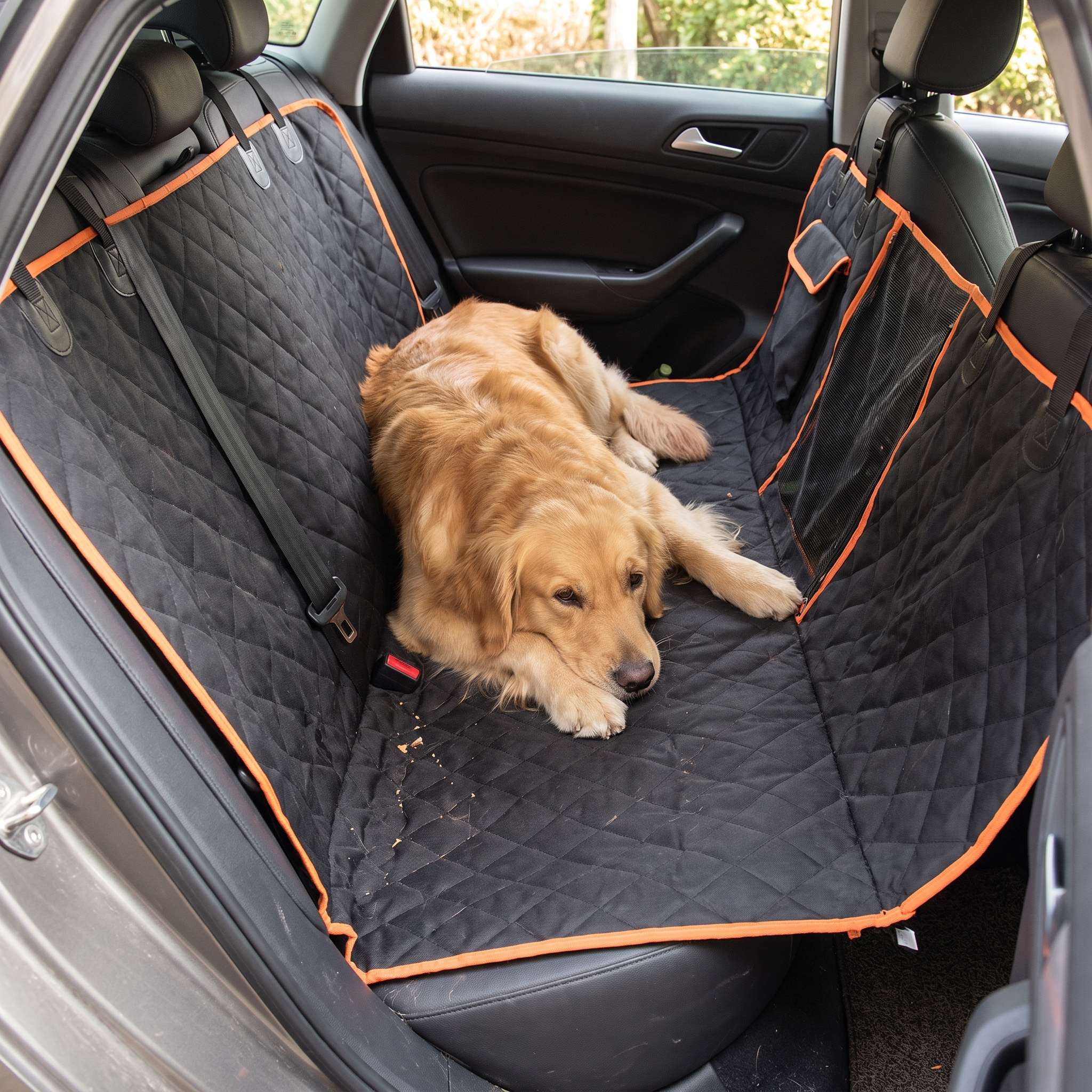 Waterproof dog car seat cover installed across a back seat with a golden retriever resting on it - wrenwood hero v2