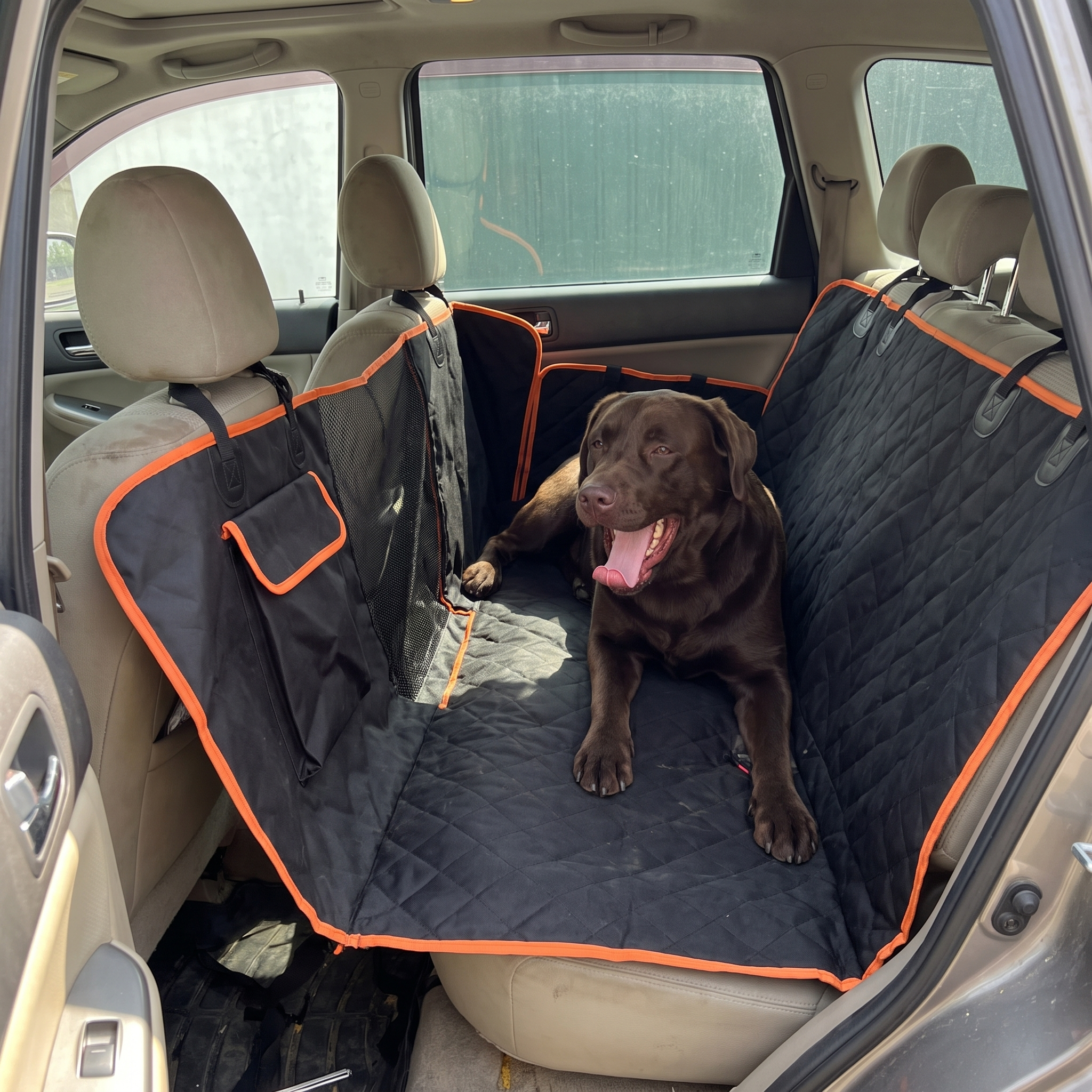Chocolate labrador lying on the waterproof car seat cover across an SUV back seat - wrenwood ugc lifestyle v3