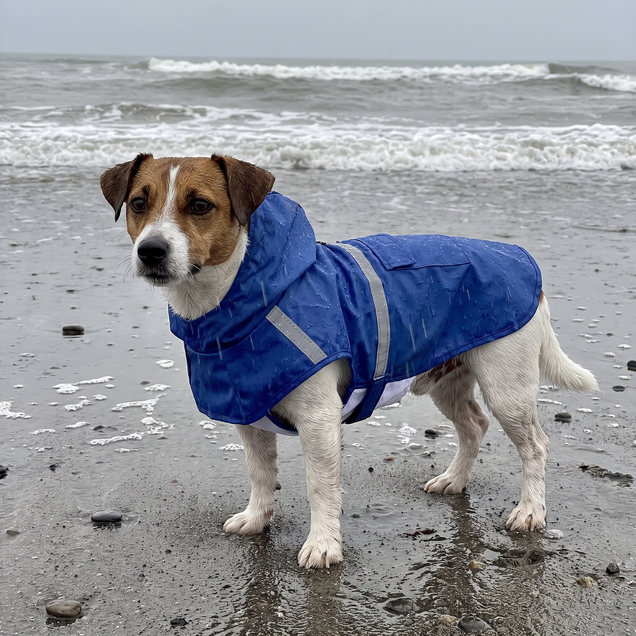 Jack russell in the blue hooded waterproof raincoat on a grey ocean beach - wrenwood ugc lifestyle v3