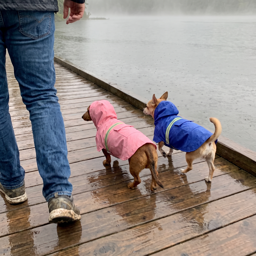 Two dogs in the pink and blue waterproof raincoats on a rainy lakeside boardwalk - wrenwood ugc lifestyle v3