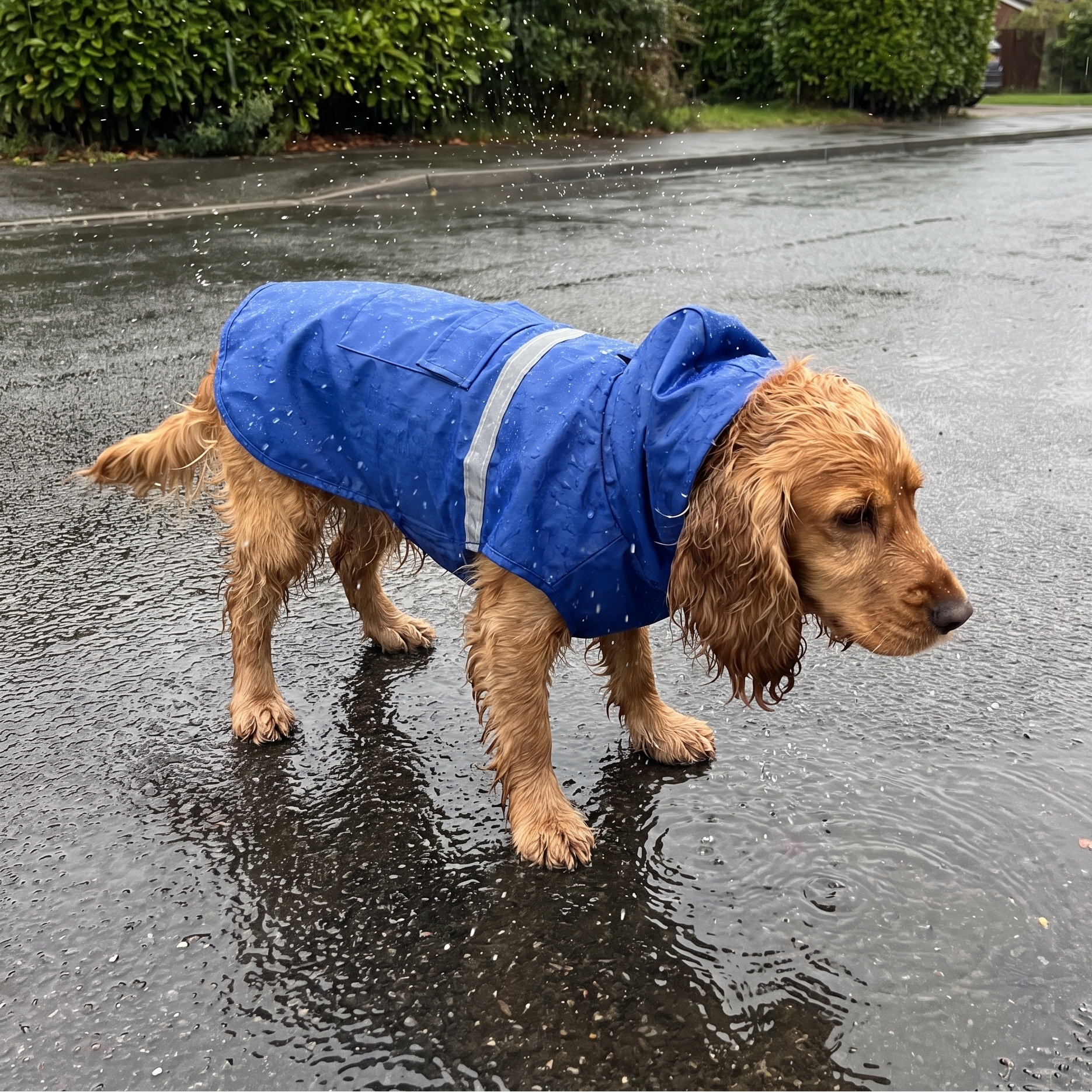 Cocker spaniel in the blue hooded waterproof raincoat on a rainy street - wrenwood ugc lifestyle v3