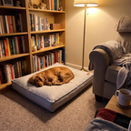 Cocker spaniel asleep on the grey waterproof pet sofa bed in a den corner - wrenwood ugc lifestyle v3