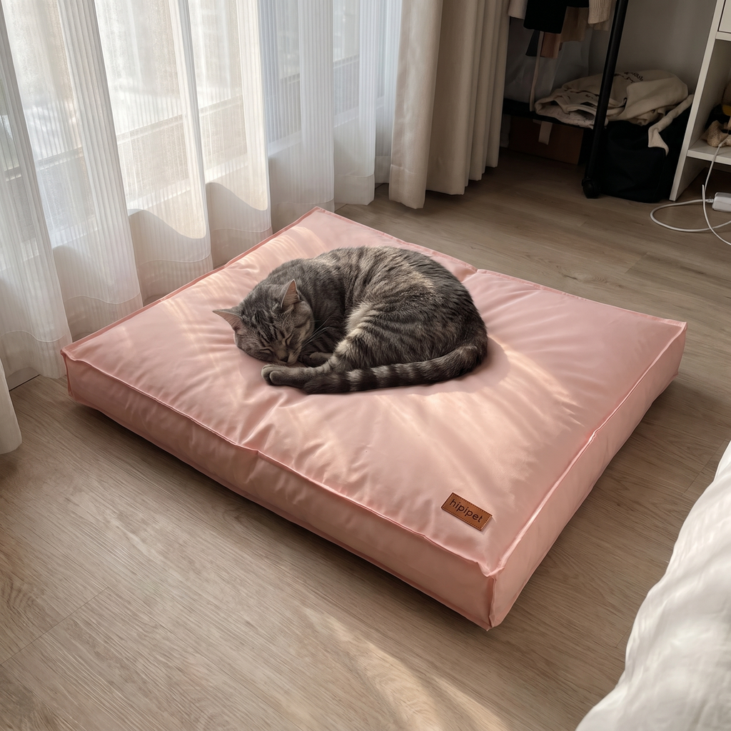 Grey tabby cat curled up on the pink waterproof pet sofa bed by a bedroom window - wrenwood ugc lifestyle v3