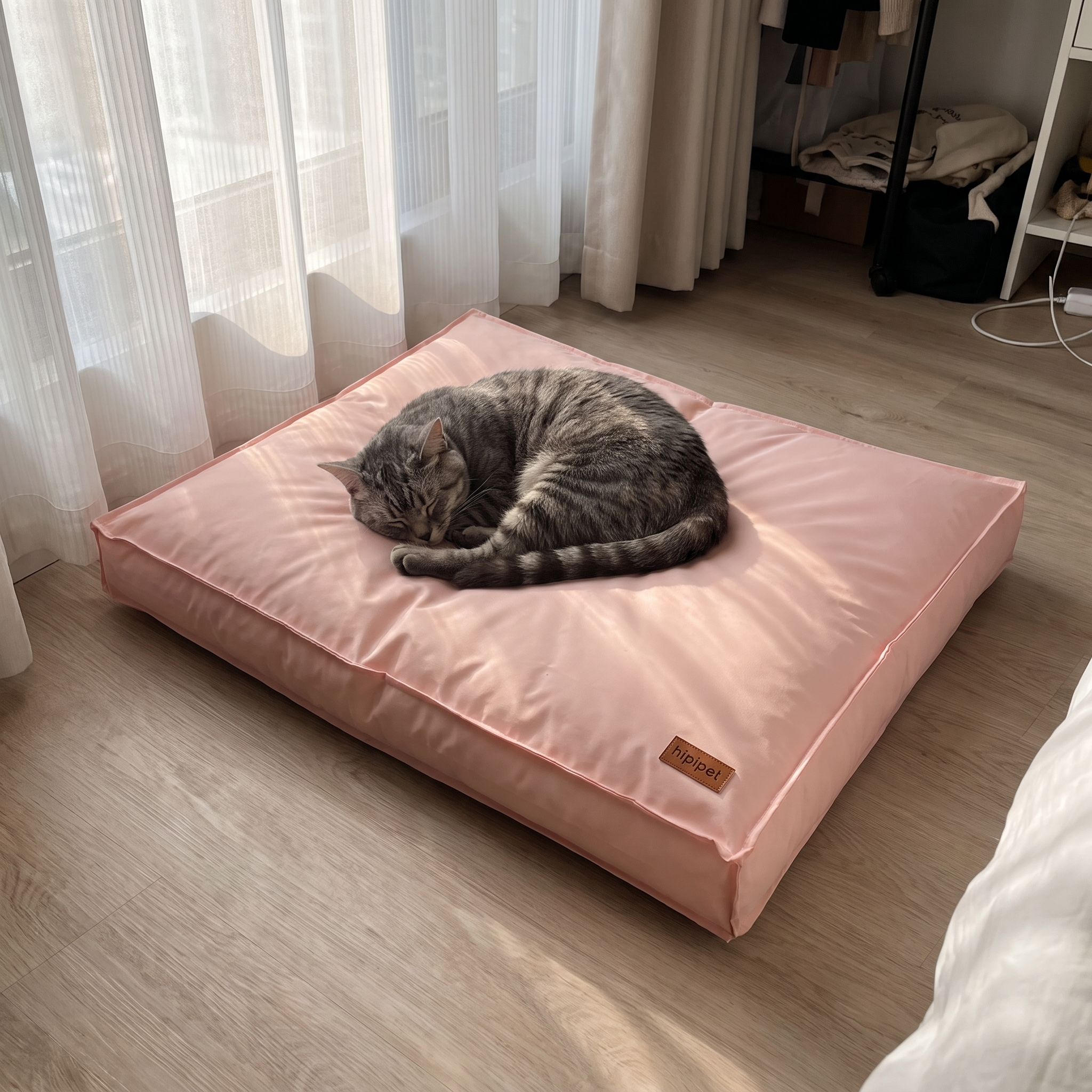 Grey tabby cat curled up on the pink waterproof pet sofa bed by a bedroom window - wrenwood ugc lifestyle v3