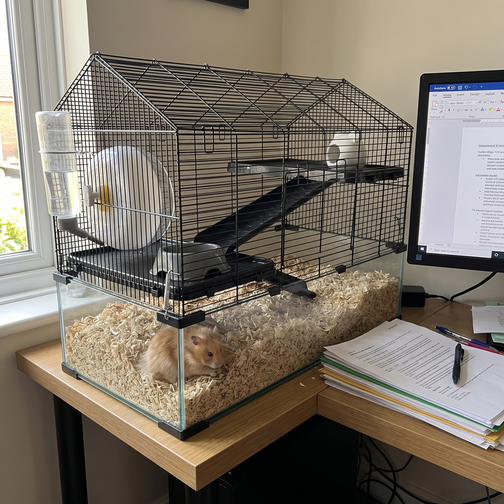 Golden hamster in the glass base of the wire cage on a desk - wrenwood ugc lifestyle v3