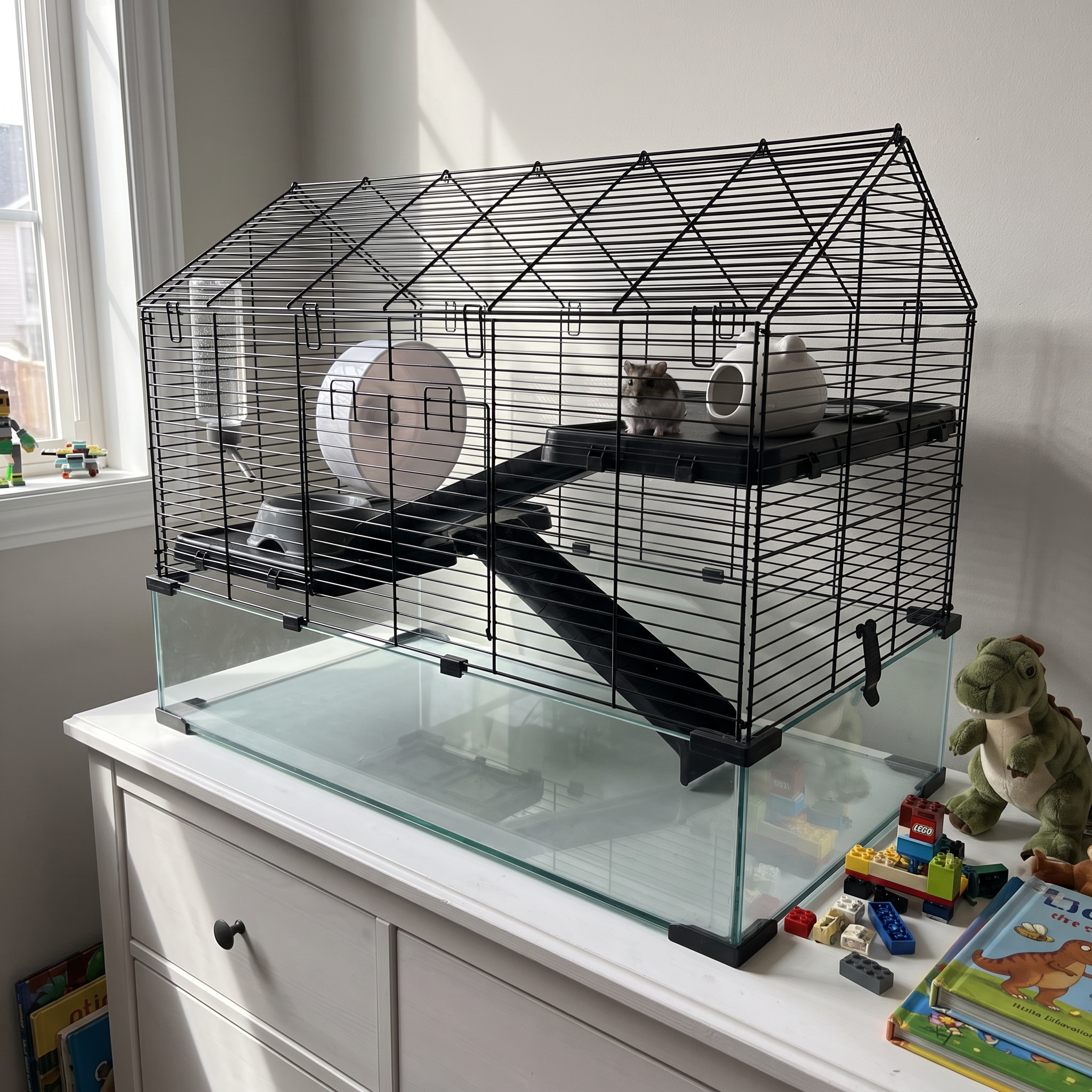 Wire hamster cage on a dresser in a kid's bedroom, dwarf hamster on platform - wrenwood ugc lifestyle v3